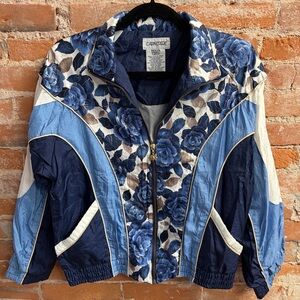 VTG Cabin Creek Jacket Blue Floral 90s Nylon Windbreaker Retro Zip Up Women’s S